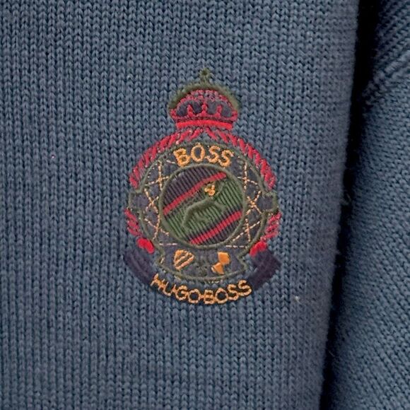 Vintage 1970s HUGO BOSS Men's Blue Pure New Wool Polo Sweater w/ Emblem Patch 50 - Picture 3 of 10